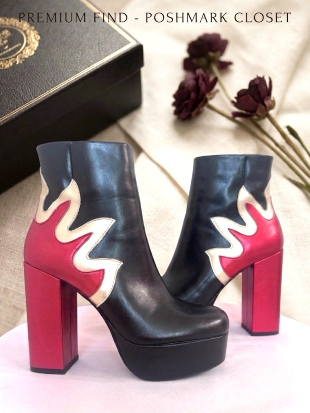 Platform Ankle Boots w/Red and Gold Metallic Flame Design Block Heels